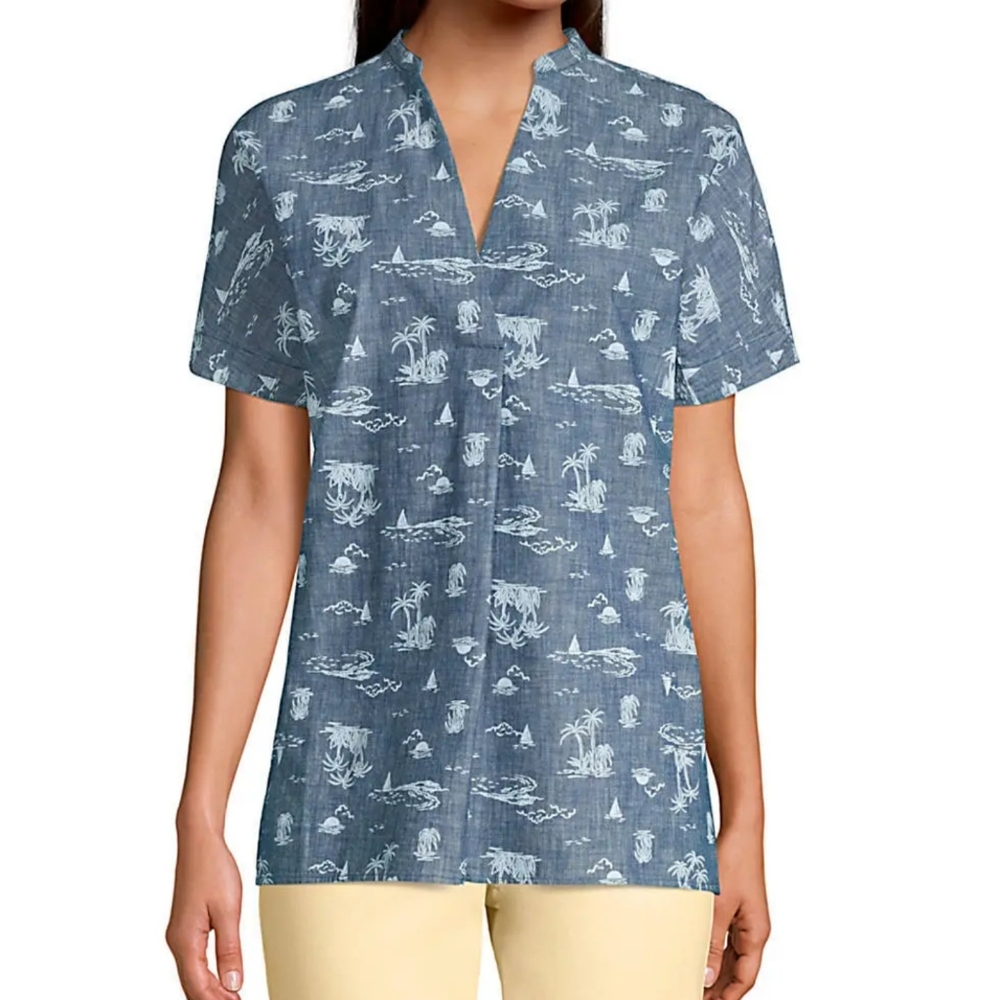 LANDS'END Boho Tropical Blue Denim Novelty Rockabilly V neck Top XL / 1XL